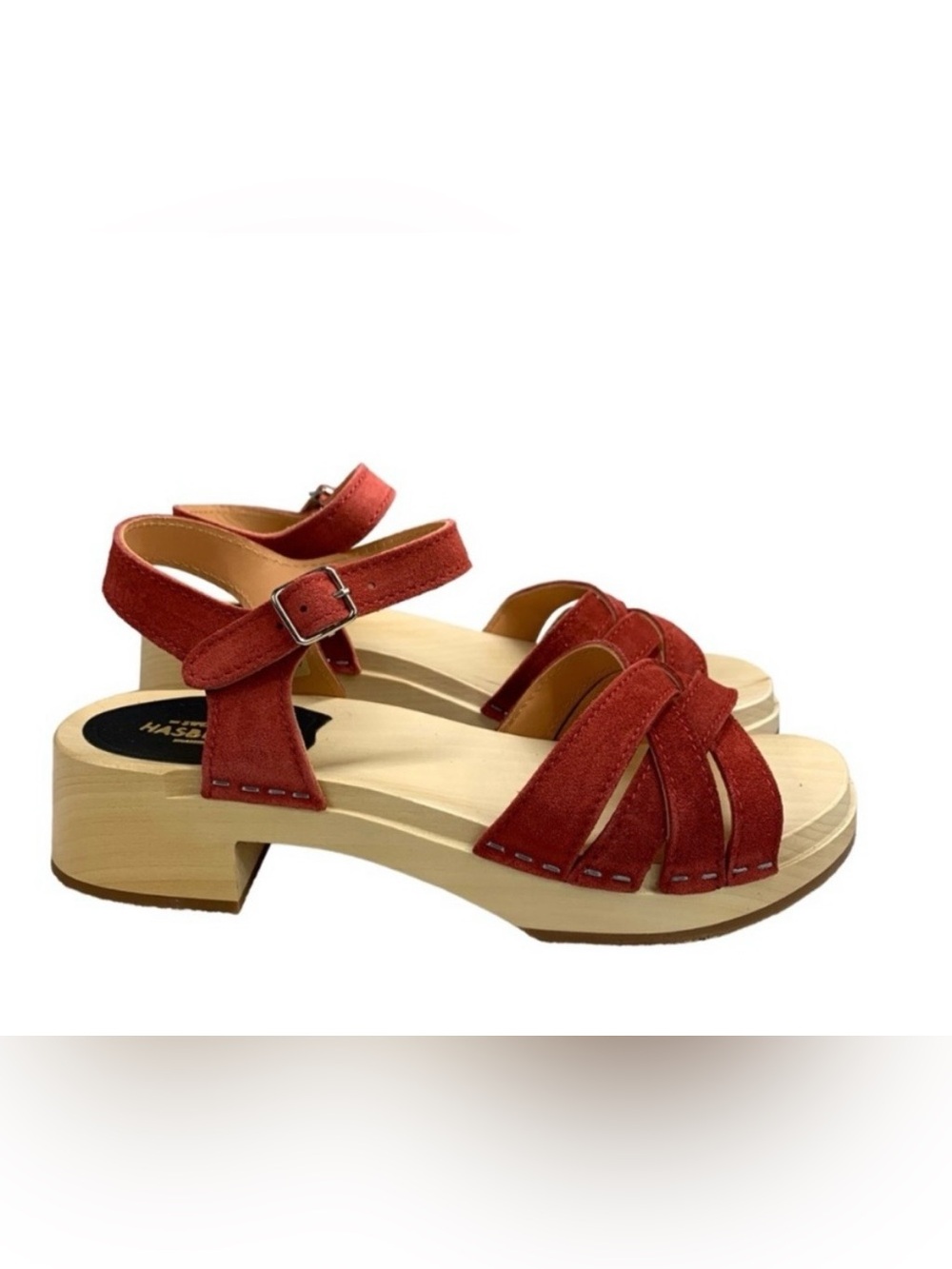 Swedish Hasbeens Suede Braided clog Sandals Brick Red mini block heel size EU 39
